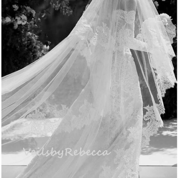 2 tiers wide Chantilly lace drop floating wedding veil in cathedral length, 2 l main image 6
